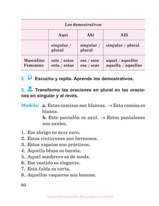 80
Los demostrativos
Aquн Ahн Allн
singular /
plural
singular /
plural
singular / plural
Masculino
Femenino
este / estos
esta / estas
ese / esos
esa / esas
aquel / aquellos
aquella / aquellas
2. Escucha y repite. Aprende los demostrativos.
3. Transforma las oraciones en plural en las oracio-
nes en singular y al revés.
Modelo: a. Estas camisas son blancas.  Esta camisa es
blanca.
b. Este pantalуn es azul.  Estos pantalones
son azules.
1. Ese abrigo es muy caro.
2. Estos cinturones son hermosos.
3. Estos zapatos son prбcticos.
4. Aquella blusa es barata.
5. Aquel sombrero es de moda.
6. Ese vestido es elegante.
7. Esta falda es corta.
8. Aquellos vaqueros son buenos.
Правообладатель Вышэйшая школа
 