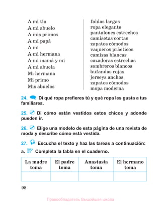 98
A mi tнa
A mi abuelo
A mis primos
A mi papб
A mн
A mi hermana
A mi mamб y mн
A mi abuela
Mi hermana
Mi primo
Mis abuelos
faldas largas
ropa elegante
pantalones estrechos
camisetas cortas
zapatos cуmodos
vaqueros prбcticos
camisas blancas
cazadoras estrechas
sombreros blancos
bufandas rojas
jerseys anchos
zapatos cуmodos
mopa moderna
24. Di qué ropa preﬁeres tú y qué ropa les gusta a tus
familiares.
25. Di cómo están vestidos estos chicos y adonde
pueden ir.
26. Elige una modelo de esta página de una revista de
moda y describe cómo está vestida.
27. Escucha el texto y haz las tareas a continuación:
a. Completa la tabla en el cuaderno.
La madre
toma
El padre
toma
Anastasia
toma
El hermano
toma
Правообладатель Вышэйшая школа
 
