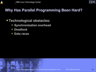 IBM Linux Technology Center



Why Has Parallel Programming Been Hard?

 Technological obstacles:
      Synchronization overhead
      Deadlock
      Data races




        “Is Parallel Programming Hard?” 2011 Android System Development Forum   © 2011 IBM Corporation   15
 
