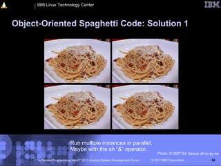 IBM Linux Technology Center



Object-Oriented Spaghetti Code: Solution 1




                            Run multiple instances in parallel.
                            Maybe with the sh “&” operator.
                                                                                  Photo: © 2007 Ed Hawco all cc-gy-sa
      “Is Parallel Programming Hard?” 2011 Android System Development Forum   © 2011 IBM Corporation            54
 