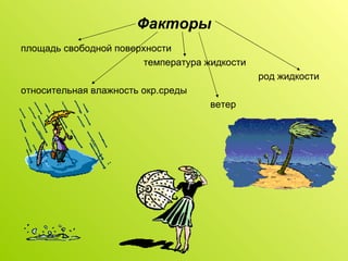 Факторы площадь свободной поверхности температура жидкости род жидкости относительная влажность окр.среды ветер 