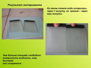 Результат эксперимента Чем больше площадь свободной  поверхности жидкости, тем быстрее  она испаряется На левом стекле вода испарилась через 1 минуту, на  правом – через три минуты 