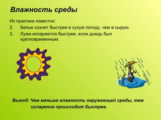 Влажность среды Из практики известно:  Белье сохнет быстрее в сухую погоду, чем в сырую. Лужи испаряются быстрее, если дождь был кратковременным. Вывод: Чем меньше влажность окружающей среды, тем  испарение происходит быстрее. 