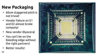 New Packaging
●
60um staggered pitch is
not trivial!
●
Vendor failure on E1
and E2 almost broke
company!
●
New vendor (Kyocera)
●
You can't be on the
bleeding edge without
the right partners!
●
Better results!
19
 