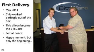 First Delivery
●
May 2011
●
Chip worked
perfectly out of the
box!
●
This silicon became
the E16G301
●
Felt at peace
●
Happy moment, but
only the beginning...
20
 