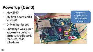 Powerup (Gen0)
●
May 2013
●
My first board and it
worked!
●
Only minor issues
●
Challenge was super
aggressive deisgn
targets (credit card,
features, cost,
schedule)
31
 