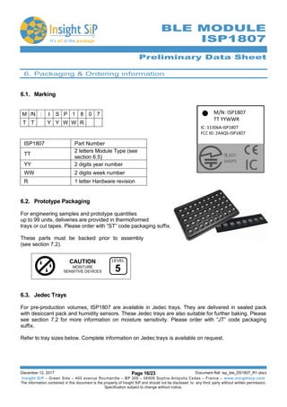 Preliminary Data Sheet
December 12, 2017 Page 16/23 Document Ref: isp_ble_DS1807_R1.docx
Insight SiP – Green Side – 400 avenue Roumanille – BP 309 – 06906 Sophia-Antipolis Cedex – France – www.insightsip.com
The information contained in this document is the property of Insight SiP and should not be disclosed to any third party without written permission.
Specification subject to change without notice.
BLE MODULE
ISP1807
6. Packaging & Ordering information
6.1. Marking
ISP1807 Part Number
TT
2 letters Module Type (see
section 6.5)
YY 2 digits year number
WW 2 digits week number
R 1 letter Hardware revision
6.2. Prototype Packaging
For engineering samples and prototype quantities
up to 99 units, deliveries are provided in thermoformed
trays or cut tapes. Please order with “ST” code packaging suffix.
These parts must be backed prior to assembly
(see section 7.2).
CAUTION
MOISTURE
SENSITIVE DEVICES
6.3. Jedec Trays
For pre-production volumes, ISP1807 are available in Jedec trays. They are delivered in sealed pack
with desiccant pack and humidity sensors. These Jedec trays are also suitable for further baking. Please
see section 7.2 for more information on moisture sensitivity. Please order with “JT” code packaging
suffix.
Refer to tray sizes below. Complete information on Jedec trays is available on request.
M /N : I S P 1 8 0 7
T T Y Y W W R
LEVEL
5
 