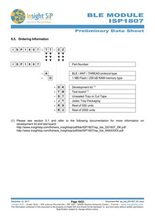 Preliminary Data Sheet
December 12, 2017 Page 18/23 Document Ref: isp_ble_DS1807_R1.docx
Insight SiP – Green Side – 400 avenue Roumanille – BP 309 – 06906 Sophia-Antipolis Cedex – France – www.insightsip.com
The information contained in this document is the property of Insight SiP and should not be disclosed to any third party without written permission.
Specification subject to change without notice.
BLE MODULE
ISP1807
6.5. Ordering Information
I S P 1 8 0 7 - T T - Z Z
▼
▼
▼
▼
▼
▼
▼
▼
▼
▼
▼
▼
I S P 1 8 0 7 Part Number
- A BLE / ANT / THREAD protocol type
- G 1 MB Flash / 256 kB RAM memory type
- D K Development kit (1)
- T B Test board (1)
- S T Unsealed Tray or Cut Tape
- J T Jedec Tray Packaging
- R S Reel of 500 units
- R 2 Reel of 2000 units
(1) Please see section 5.1 and refer to the following documentation for more information on
development kit and test board:
http://www.insightsip.com/fichiers_insightsip/pdf/ble/ISP1807/isp_ble_DS1807_DK.pdf
http://www.insightsip.com/fichiers_insightsip/pdf/ble/ISP1807/isp_ble_ANXXXXX.pdf
 