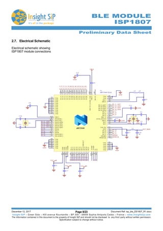 Preliminary Data Sheet
December 12, 2017 Page 8/23 Document Ref: isp_ble_DS1807_R1.docx
Insight SiP – Green Side – 400 avenue Roumanille – BP 309 – 06906 Sophia-Antipolis Cedex – France – www.insightsip.com
The information contained in this document is the property of Insight SiP and should not be disclosed to any third party without written permission.
Specification subject to change without notice.
BLE MODULE
ISP1807
2.7. Electrical Schematic
Electrical schematic showing
ISP1807 module connections
 