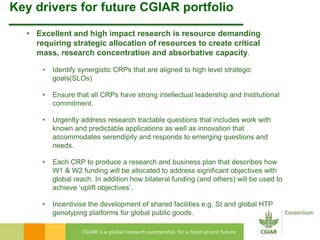 Key drivers for future CGIAR portfolio 
• Excellent and high impact research is resource demanding 
requiring strategic allocation of resources to create critical 
mass, research concentration and absorbative capacity. 
• Identify synergistic CRPs that are aligned to high level strategic 
goals(SLOs) 
• Ensure that all CRPs have strong intellectual leadership and Institutional 
commitment. 
• Urgently address research tractable questions that includes work with 
known and predictable applications as well as innovation that 
accommodates serendipity and responds to emerging questions and 
needs. 
• Each CRP to produce a research and business plan that describes how 
W1 & W2 funding will be allocated to address significant objectives with 
global reach. In addition how bilateral funding (and others) will be used to 
achieve ‘uplift objectives’. 
• Incentivise the development of shared facilities e.g. SI and global HTP 
genotyping platforms for global public goods. 
 