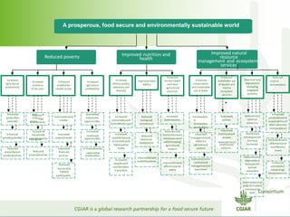 A prosperous, food secure and environmentally sustainable world 
Reduced poverty Improved nutrition and 
health 
Improved natural 
resource 
management and ecosystems 
services 
systems) 
Improve 
ling( 
environment 
livelihood( 
coping(cap 
Improved( 
policies 
dependent(on( 
capture(by( 
barriers(to( 
par8cipa8on 
Improved(policy( 
and(informa8on( 
on(resource( 
base 
Reduced( 
market( 
Enhanced( 
policies(for( 
conserving( 
forest(resources 
Improved((water 
( policy(and( 
management(of( 
basin(level 
Improved(input( 
efficiency(and( 
safety 
Increased( 
adop8on(of( 
nutri8on(best 
D prac8ces 
Improved(trade( 
and(SPS(policies 
Increased(value( 
smallholders 
Reduced( 
produc8on(risk( 
Reduced( 
pre(and(post( 
produc8on(loss 
Increased( 
opportuni8es 
Enhanced 
gene8c(poten8al 
Improved( 
livelihoods(of( 
people( 
smallDscale( 
fisheries. 
Reduced 
tropical 
deforestation 
Enhanced( 
produc8on(and( 
sustainability(of( 
alterna8ves(to( 
slash(and(burn 
Increased(value( 
of(8mber(and( 
nonD8mber( 
forest 
Reversed land 
degradation 
(including 
rangeland 
Soil(nutrient( 
balance( 
enhanced 
Above(and( 
below(ground( 
biomass( 
increased. 
Reduced(land( 
degrada8on( 
from(plantD 
animal( 
interac8on 
Enhanced 
sustainable use 
of aquatic and 
marine 
ecosystem 
services 
Enhanced 
conservation 
and sustainable 
use of water 
Increased(on 
D 
farm(water( 
produc8vity 
Improved( 
management(of( 
water(in( 
agricultural( 
systems 
Protected 
human health 
with best 
agricultural 
practices 
Increased 
(water(quality 
Reduc8on(of( 
human(diseases( 
risks(associated( 
with(changing( 
agricultural( 
systems 
Improved food 
Safet;y 
Reduced( 
biological( 
contaminant 
Reduced( 
chemical( 
contaminant 
Increased 
dietary quality, 
adequacy and 
diversity 
Increased( 
consump8on(of( 
biofor8fied(crops( 
Increased( 
availability(and( 
accessibility(of( 
high(quality( 
foods( 
Increased 
agriculture 
profitability 
Diversified( 
enterprise( 
opportuni8es 
Enhanced 
smallholder 
market access 
Improved(input( 
market 
Improved( 
output(market 
Improved( 
financial( 
services 
Increased 
resilience 
of the poor 
Impr 
enab 
enviro 
lin 
d( 
Increase 
househo 
coping(cap 
d( 
ld( 
acity 
Increased 
agricultural 
productivity 
Achieved( 
produc8ve( 
poten8al 
 