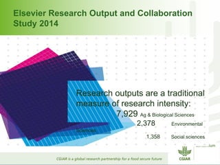 Elsevier Research Output and Collaboration 
Study 2014 
Research outputs are a traditional 
measure of research intensity: 
7,929 Ag & Biological Sciences 
2,378 Environmental 
Sciences 
1,358 Social sciences 
 