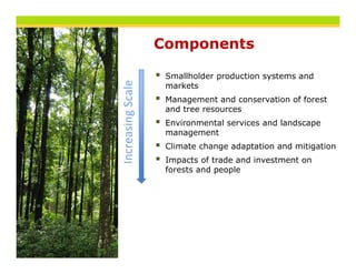 Components
   p

 Smallholder production systems and
 markets
 Management and conservation of forest
 and tree resources
 Environmental services and l d
             l            d landscape
 management
 Climate change adaptation and mitigation
 Impacts of trade and investment on
 forests and people
 