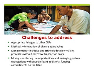 Challenges to address
Appropriate linkages to other CRPs
Methods – integration of diverse approaches
Management – inclusive and strategic decision‐making 
Management inclusive and strategic decision making
processes without excessive transaction costs
Money – capturing the opportunities and managing partner 
     y     p     g       pp                     g gp
expectations without significant additional funding 
commitments on the table 
 