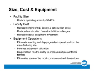 Size, Cost & Equipment
• Facility Size
• Reduce operating areas by 30-40%
• Facility Cost
• Reduced engineering / design & construction costs
• Reduced construction / constructability challenges
• Reduced capital equipment investment
• Equipment Operations
• Eliminate washing and depryogenation operations from the
manufacturing site
• Increase equipment utilization
• Single fill line has the ability to process multiple container
formats
• Eliminates some of the most common routine interventions
 