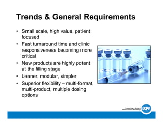 Trends & General Requirements
• Small scale, high value, patient
focused
• Fast turnaround time and clinic
responsiveness becoming more
critical
• New products are highly potent
at the filling stage
• Leaner, modular, simpler
• Superior flexibility – multi-format,
multi-product, multiple dosing
options
 