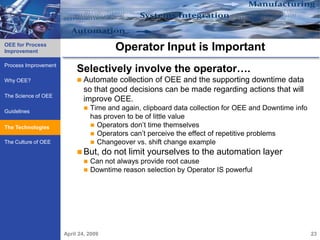 OEE for Process
Improvement                              Operator Input is Important
Process Improvement
                           Selectively involve the operator….
Why OEE?                    Automate   collection of OEE and the supporting downtime data
                              so that good decisions can be made regarding actions that will
The Science of OEE
                              improve OEE.
                                 Time and again, clipboard data collection for OEE and Downtime info
Guidelines
                                  has proven to be of little value
The Technologies
    Technologies                   Operators don’t time themselves
                                   Operators can’t perceive the effect of repetitive problems
The Culture of OEE                 Changeover vs. shift change example
                            But, do not limit yourselves to the automation            layer
                              Can not always provide root cause
                              Downtime reason selection by Operator IS powerful




                      April 24, 2009                                                                    23
 