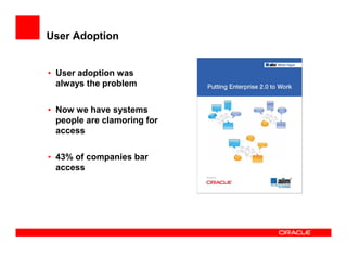 User Adoption


• User adoption was
  always the problem

• Now we have systems
  people are clamoring for
  access

• 43% of companies bar
  access
 