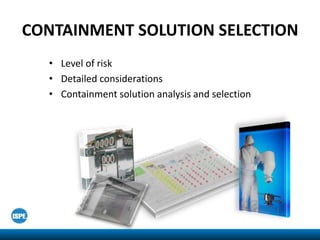 CONTAINMENT SOLUTION SELECTION
• Level of risk
• Detailed considerations
• Containment solution analysis and selection
 