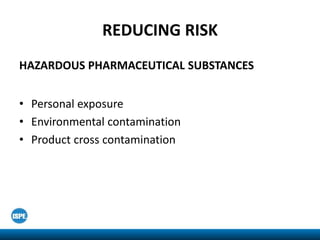 REDUCING RISK
HAZARDOUS PHARMACEUTICAL SUBSTANCES
• Personal exposure
• Environmental contamination
• Product cross contam...