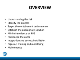 OVERVIEW
• Understanding the risk
• Identify the process
• Target the containment performance
• Establish the appropriate ...