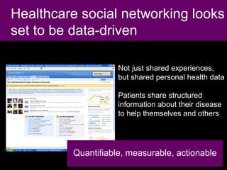 Healthcare social networking looks set to be data-driven Not just shared experiences,  but shared personal health data Patients share structured  information about their disease  to help themselves and others Quantifiable, measurable, actionable 