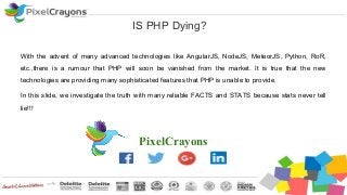 IS PHP Dying?
PixelCrayons
With the advent of many advanced technologies like AngularJS, NodeJS, MeteorJS, Python, RoR,
etc.,there is a rumour that PHP will soon be vanished from the market. It is true that the new
technologies are providing many sophisticated features that PHP is unable to provide.
In this slide, we investigate the truth with many reliable FACTS and STATS because stats never tell
lie!!!
 