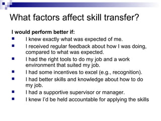 What factors affect skill transfer?
I would perform better if:
 I knew exactly what was expected of me.
 I received regular feedback about how I was doing,
compared to what was expected.
 I had the right tools to do my job and a work
environment that suited my job.
 I had some incentives to excel (e.g., recognition).
 I had better skills and knowledge about how to do
my job.
 I had a supportive supervisor or manager.
 I knew I’d be held accountable for applying the skills
 