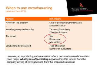 When to use crowdsourcing
(Afuah and Tucci, 2012)
Feature Dimensions
Nature of the problem Ease of delineation/transmission
Modularizability
Knowledge required to solve Tacitness/complexity
Effective distance
The crowd Size
Know-how
Motivation
Solutions to be evaluated Type of solution
Number of evaluators
However, an important question remains: after a decision to crowdsource has
been made, what types of facilitating actions does this require from the
company aiming at having benefit from the proposed solutions?
 