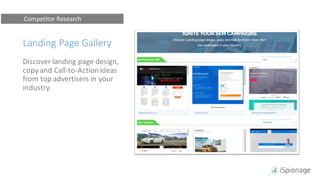 Landing Page Gallery
Discover landing page design,
copy and Call-to-Action ideas
from top advertisers in your
industry.
Competitor Research
 