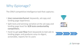 Why iSpionage?
The ONLY competitive intelligence tool that captures:
• User conversionfunnel: keywords, ad copy and
landing page experience.
• Split tests and winning variation at the ad copy and
landing page level for A/B tests conductedby
competitors.
• Hard-to-get user flow from keywords to text ads to
landing pages and produces easy-to-digest,
actionable, reports for its users
Keywords Ad copy
Landing
page
 