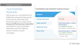 Find Profitable
Keywords
Get access to a completelist of
AdWords competitorkeywords
and find the most effective
keywords with our proprietary
KeywordEffectivenessIndex(KEI)
and add the most profitable
keywords with the highest
search volume to your
campaign.
Competitor Research
 