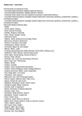 Književnost – viša razina
Od pristupnika se očekuje da može:
• razumjeti književnoteorijska obilježja književnih tekstova
• razumjeti književnopovijesna obilježja književnih tekstova
• razlikovati lirske, epske, dramske, književno-znanstvene i publicističke tekstove
• razumjeti književnopovijesna razdoblja hrvatske književnosti (vremenske odrednice, predstavnike i poetike) u
kronološkome slijedu
• razumjeti književnopovijesna razdoblja svjetske književnosti (vremenske odrednice, predstavnike i poetike) u
kronološkome slijedu.
Razumjeti sljedeća književna djela:
• Biblija
• Homer, Ilijada, Odiseja
• Eshil, Okovani Prometej
• Sofoklo, Antigona, Kralj Edip
• Plaut, Škrtac; Vergilije, Eneida
• Bašćanska ploča
• Alighieri, Dante: Božanstvena komedija, Pakao
• Boccaccio, Giovanni: Dekameron
• Petrarca, Francesco: Kanconijer
• Shakespeare, William: Hamlet
• Cervantes, Miguel de: Don Quijote
• Marulić, Marko: Judita
• hrvatska petrarkistička lirika (Šiško Menčetić, Džore Držić, Hanibal Lucić)
• Hektorović, Petar: Ribanje i ribarsko prigovaranje
• Držić, Marin: Dundo Maroje, Novela od Stanca
• Zoranić, Petar: Planine
• Gundulić, Ivan: Suze sina razmetnoga, Dubravka
• Bunić Vučić, Ivan: Plandovanja
• Molière, Škrtac
• Voltaire, Candide
• Goldoni, Carlo: Gostioničarka Mirandolina
• Goethe, Johann Wolfgang: Patnje mladoga Werthera
• Jurjevič Ljermontov, Mihail: Junak našeg doba
• Poe, Edgar Allan: Crni mačak
• Preradović, Petar, pjesme
• Mažuranić, Ivan: Smrt Smail-age Čengića
• Šenoa, August: Zlatarovo zlato, Prijan Lovro
• Balzac, Honoré de: Otac Goriot
• Mihajlovič Dostojevski, Fjodor: Zločin i kazna
• Vasiljevič Gogolj, Nikolaj: Kabanica
• Kovačić, Ante: U registraturi
• Novak, Vjenceslav: Posljednji Stipančići
• Kozarac, Josip: Tena
• Kranjčević, Silvije Strahimir, pjesme
• Baudelaire, Charles: Cvjetovi zla
• Ibsen, Henrik: Nora
• Leskovar, Janko: Misao na vječnost
• Matoš, Antun Gustav: pjesme, Cvijet sa raskršća, Camao
• Vidrić, Vladimir, pjesme
• Šimunović, Dinko: Muljika
• Begović, Milan: Bez trećega
• Cihlar Nehajev, Milutin: Bijeg
• Kozarac, Ivan: Đuka Begović
 