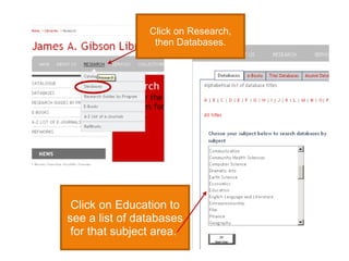 Click on Research,
                 then Databases.




 Click on Education to
see a list of databases
 for that subject area.
 