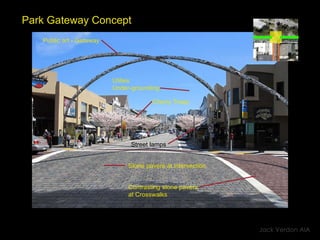 Park Gateway Concept Jack Verdon AIA Cherry Trees Stone pavers at intersection Contrasting stone pavers  at Crosswalks  Street lamps Public art - Gateway Utilies Under-grounding 