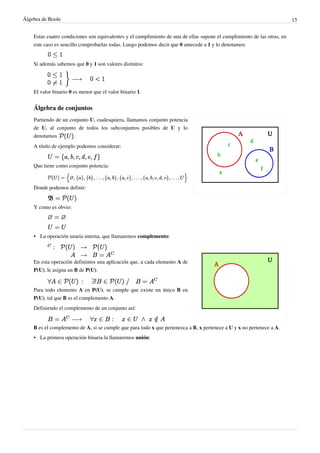 Álgebra de Boole 15
Estas cuatro condiciones son equivalentes y el cumplimiento de una de ellas supone el cumplimiento de las otras, en
este caso es sencillo comprobarlas todas. Luego podemos decir que 0 antecede a 1 y lo denotamos:
Si además sabemos que 0 y 1 son valores distintos:
El valor binario 0 es menor que el valor binario 1.
Álgebra de conjuntos
Partiendo de un conjunto U, cualesquiera, llamamos conjunto potencia
de U, al conjunto de todos los subconjuntos posibles de U y lo
denotamos .
A título de ejemplo podemos considerar:
Que tiene como conjunto potencia:
Donde podemos definir:
Y como es obvio:
• La operación unaria interna, que llamaremos complemento:
En esta operación definimos una aplicación que, a cada elemento A de
P(U), le asigna un B de P(U).
Para todo elemento A en P(U), se cumple que existe un único B en
P(U), tal que B es el complemento A.
Definiendo el complemento de un conjunto así:
B es el complemento de A, si se cumple que para todo x que pertenezca a B, x pertenece a U y x no pertenece a A.
• La primera operación binaria la llamaremos unión:
 