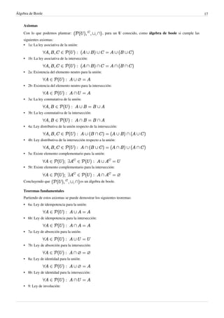Álgebra de Boole 17
Axiomas
Con lo que podemos plantear: , para un U conocido, como álgebra de boole si cumple las
siguientes axiomas:
•
• 1a: La ley asociativa de la unión:
•
• 1b: La ley asociativa de la intersección:
•
• 2a: Existencia del elemento neutro para la unión:
•
• 2b: Existencia del elemento neutro para la intersección:
•
• 3a: La ley conmutativa de la unión:
•
• 3b: La ley conmutativa de la intersección:
•
• 4a: Ley distributiva de la unión respecto de la intersección:
•
• 4b: Ley distributiva de la intersección respecto a la unión:
•
• 5a: Existe elemento complementario para la unión:
•
• 5b: Existe elemento complementario para la intersección:
Concluyendo que es un álgebra de boole.
Teoremas fundamentales
Partiendo de estos axiomas se puede demostrar los siguientes teoremas:
•
• 6a: Ley de idempotencia para la unión:
•
• 6b: Ley de idempotencia para la intersección:
•
• 7a: Ley de absorción para la unión:
•
• 7b: Ley de absorción para la intersección:
•
• 8a: Ley de identidad para la unión:
•
• 8b: Ley de identidad para la intersección:
•
• 9: Ley de involución:
 