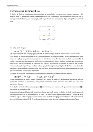 Álgebra de Boole 22
Operaciones en álgebra de Boole
El álgebra de Boole se basa en un conjunto en el que se han definidos tres operaciones internas: una unaria y dos
binarias, como ya hemos visto, siendo cómoda esta definición. Estrictamente hablando solo son necesarias dos, la
unaria y una de las binarias, así, por ejemplo, en la lógica binaria con la negación y el producto podemos definir la
suma.
Con la ley de De Morgan:
Esta expresión resulta más compleja, pero partiendo de la negación y el producto binarios define la suma binaria.
En la imagen de la derecha podemos ver un circuito en paralelo de dos pulsadores a y b, que corresponde a la suma
binaria de a y b, y su equivalente en un circuito en serie de a y b, los dos dan como resultado la misma tabla de
verdad, y por tanto son equivalentes, lo artificioso el circuito serie para obtener el mismo resultado que en un circuito
paralelo deja ver lo conveniente de considerar esa función, la posibilidad de obtener la suma de dos variables
binarias mediante la negación y el producto señalan que, de forma primaria, el álgebra de Boole se basa solo en dos
operaciones, y que cualquier expresión en la que intervenga la suma puede transformarse en otra equivalente en la
que solo intervienen la negación y el producto.
En el caso de la teoría de conjuntos con el complemento y la intersección podemos definir la unión:
De una forma similar al álgebra binaria, o cualquier otra álgebra de Boole, La definición del álgebra con solo dos
operaciones complica las expresiones, pero permite determinar ciertas relaciones muy útiles, así como otras
operaciones distintas.
En el álgebra de Boole definido en un conjunto las operaciones son internas, dado que parte de elemento de ,
para obtener un resultado en .
Sin perdida de la generalidad, y dado los distintos formas que puede adoptar el álgebra de Boole consideraremos la
lógica proposicional con las proposiciones: a, c, b, etc. Que pueden tomar los valores verdadero: V o falso: F. Y las
conectivas lógicas sobre esas proposiciones que dan como resultado otras proposiciones lógicas, cada proposición: a,
b, c, etc. Define un conjunto A, B, C, etc. Que podemos representar de forma gráfica en un diagrama de Venn.
 