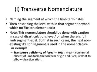 (i) Transverse Nomenclature
• Naming the segment at which the limb terminates
• Then describing the level with in that segment beyond
which no Skelton element exist
• Note: This nomenclature should be done with caution
in case of disarticulations level/ or when there is full
limb segment exist. So that in such cases, the next non-
existing Skelton segment is used in the nomenclature.
For example:
– Transverse deficiency of forearm total: meant congenital
absent of limb form the forearm origin and is equivalent to
elbow disarticulation.
 