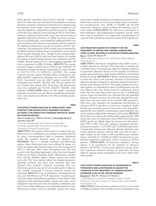 A382                                                                                                                          Abstracts

blind, placebo controlled, clinical trial to develop a model to        events show strongly dominance of ambulatory protocol. Cost-
assess the utility and costs associated with eszopiclone treatment     effectiveness analyses on survival and relapse report an incremen-
of primary insomnia. Treatment of insomnia was evaluated using         tal cost-effectiveness ratio (ICER) of 93,489€ and 46,745€
the Insomnia Severity Index, which categorizes insomnia as not         respectively. Sensitivity analysis conﬁrms the robustness of pre-
clinically signiﬁcant, subtheshold, moderate, and severe. Quality      vious results. CONCLUSION: The effectiveness equivalence of
of life data were collected in the trial using the SF-36. From these   both ambulatory and hospitalisation treatments and the much
responses, preference-based utility scores were derived using an       fewer costs of ambulatory care, support the recommendation of
algorithm published by Franks et al. (2004). Insomnia costs were       a spread of the ambulatory treatment instead of the hospital one.
based on published data, and included the additional health care
costs of patients with insomnia versus patients with no insomnia,
the additional absenteeism costs due to insomnia, and the “pre-                                                       PND9
senteeism” (lost productivity while at work) costs as measured by      LEVETIRACETAM ADJUNCTIVE THERAPY FOR THE
the Work Limitations Questionnaire. Eszopiclone cost was based         TREATMENT OF REFRACTORY PRIMARY GENERALISED
on the average wholesale price. Changes in the average quality-        TONIC-CLONIC SEIZURES: A COST-EFFECTIVENESS ANALYSIS
adjusted life years (QALYs) and costs from baseline to 6 months        Ryan J1, Germe M2, Brown M3
                                                                       1
for patients in both treatment groups were calculated and 95%            Abacus International, Bicester, UK, 2UCB, Braine-l’Alleud, Belgium,
                                                                       3
credible intervals generated by a bootstrapping algorithm. All           UCB, Slough, UK
costs are presented in 2006 US dollars. RESULTS: The average           OBJECTIVES: Choosing an antiepileptic drug (AED) can be a
6-month changes in QALYs were 0.010514 and -0.003201 for               complex decision for clinicians. This study aims to estimate the
eszopiclone and placebo groups, respectively, for a mean net gain      cost-effectiveness of levetiracetam adjunctive therapy compared
of 0.013714 (95% CI: 0.0053525, 0.021885). The average                 to topiramate adjunctive therapy for the treatment of refractory
6-month costs per patient including indirect productivity were         primary generalised tonic-clonic seizures (PGTCS) in the Scottish
$490 and $421, respectively, indicating a net cost of $69 (-$436,      health care setting. METHODS: A Markov model was developed
$325). Incremental costs per QALY gained associated with               to assess the clinical and economic outcomes of levetiracetam
eszopiclone were $5,003 (-$12,603, $41,376) per patient over           adjunctive therapy compared to topiramate adjunctive therapy in
the 6-month time period when absenteeism and presenteeism              patients with refractory PGTCS. The model simulates the treat-
costs were included and $33,110 ($20,679, $83,846) when                ment pathway of a hypothetical cohort of 1000 patients over one
excluded. CONCLUSION: Based on this model, eszopiclone                 year. Efﬁcacy data were drawn from ﬁve randomized clinical
treatment of insomnia was cost effective considering lost produc-      trials. Data for each three-month cycle on risk of withdrawal,
tivity, and remained cost effective even when excluding produc-        adverse events and mortality were obtained from the published
tivity costs.                                                          literature. Resource use data and costs were obtained from pub-
                                                                       lished data and were based on the Scottish NHS perspective.
                                                                       Only direct costs relating to the management and treatment of
                                              PND8                     refractory PGTCS and adverse events were considered. Health
COST-EFFECTIVENESS ANALYSIS OF AMBULATORY CARE                         beneﬁts were assessed in terms of seizure-free cycles and quality-
STRATEGY FOR PATIENTS WITH TRANSIENT ISCHEMIC                          adjusted life years (QALYs). Deterministic and probabilistic sen-
ACCIDENT (TIA) VERSUS THE STANDARD PROTOCOL BASED                      sitivity analyses explored the robustness of the results. RESULTS:
ON HOSPITALISATION                                                     In the base case scenario, the model predicts approximately 3800
Navarro Espigares JL1, Maestre Moreno J2, Hernández Torres E3,         seizure-free cycles for topiramate versus 4000 for levetiracetam.
Gonzalez Lopez JM1                                                     QALYs gained are slightly higher for levetiracetam than topira-
1
  University Hospital Virgen de las Nieves, Granada, Spain,            mate (990 vs. 980). Total costs relating to topiramate and leve-
2
  University Hospital Virgen de las Nieves, Granada, AZ, Spain,        tiracetam are similar (Յ1,555,000 and Յ1,500,000 respectively).
3
  University of Granada, Granada, Spain                                Consequently, levetiracetam adjunctive therapy dominates topi-
OBJECTIVES: The purpose of this study is to evaluate the cost-         ramate adjunctive therapy. Varying AED costs did not have a
effectiveness of an ambulatory care strategy for patients with TIA     major impact on the results of the cost-effectiveness analysis.
by using a neurosonological study at emergency department              Using a threshold of Յ30,000 per QALY, levetiracetam is cost-
versus the standard protocol based on inpatient care                   effective compared to topiramate in 85% of refractory PGTCS
METHODS: This is a partially stochastic cost-effectiveness             patients. CONCLUSION: Levetiracetam adjunctive therapy
analysis where effectiveness data were collected by means of a         appears to be cost-effective for the treatment of refractory
follow-up cohort study. Period of study cover from 1st January of      patients with PGTCS. Levetiracetam adjunctive therapy domi-
2002 to 30th June 2005, when 338 patients with TIA were                nates topiramate adjunctive therapy, its acquisition cost being
treated in the Neurology department of the University Hospital         offset by reduced seizure management costs and a better toler-
Virgen de las Nieves (Granada, Spain). Effectiveness variables         ability proﬁle.
were survival, disability degree, relapse, sequels and cardiac
event after TIA. Cost analysis adopts the hospital perspective,
including overheads and direct costs. Economic data were                                                            PND10
obtained from hospital’s analytical accounting. The cost-              COST EFFECTIVENESS ANALYSES OF RUFINAMIDE VS
effectiveness analysis was carried out considering the 5 effective-    TOPIRAMATE AND LAMOTRIGINE AS ADJUNCTIVE
ness variables mentioned. A one-way sensitivity analysis was           THERAPIES IN THE TREATMENT OF LENNOX-GASTAUT
performed. RESULTS: Costs of ambulatory and hospitalization            SYNDROME (LGS) IN THE UNITED KINGDOM
care were 428.08€ and 2,297.87€ respectively. Considering sur-         Benedict Á1, Dale PL2, MacLaine G3,Verdian L3
                                                                       1
vival and relapse, hospitalization treatment is more effective than      United BioSource Corporation, Budapest, Hungary, 2United
ambulatory, but regarding disability, sequels and cardiac events       BioSource Corporation, London, UK, 3Eisai Europe Limited, Hatﬁeld,
ambulatory outcomes were more favourable in ambulatory pro-            Herthfordshire, UK
tocol. None of these differences was statistically signiﬁcant. Cost-   OBJECTIVES: Lennox-Gastaut syndrome (LGS) is a severe form
effectiveness analyses based on disability, sequels and cardiac        of childhood epilepsy. The cost-effectiveness of ruﬁnamide versus
 