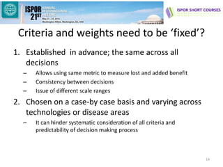 Criteria and weights need to be ‘fixed’?
1. Established in advance; the same across all
decisions
– Allows using same metric to measure lost and added benefit
– Consistency between decisions
– Issue of different scale ranges
2. Chosen on a case-by case basis and varying across
technologies or disease areas
– It can hinder systematic consideration of all criteria and
predictability of decision making process
14
 