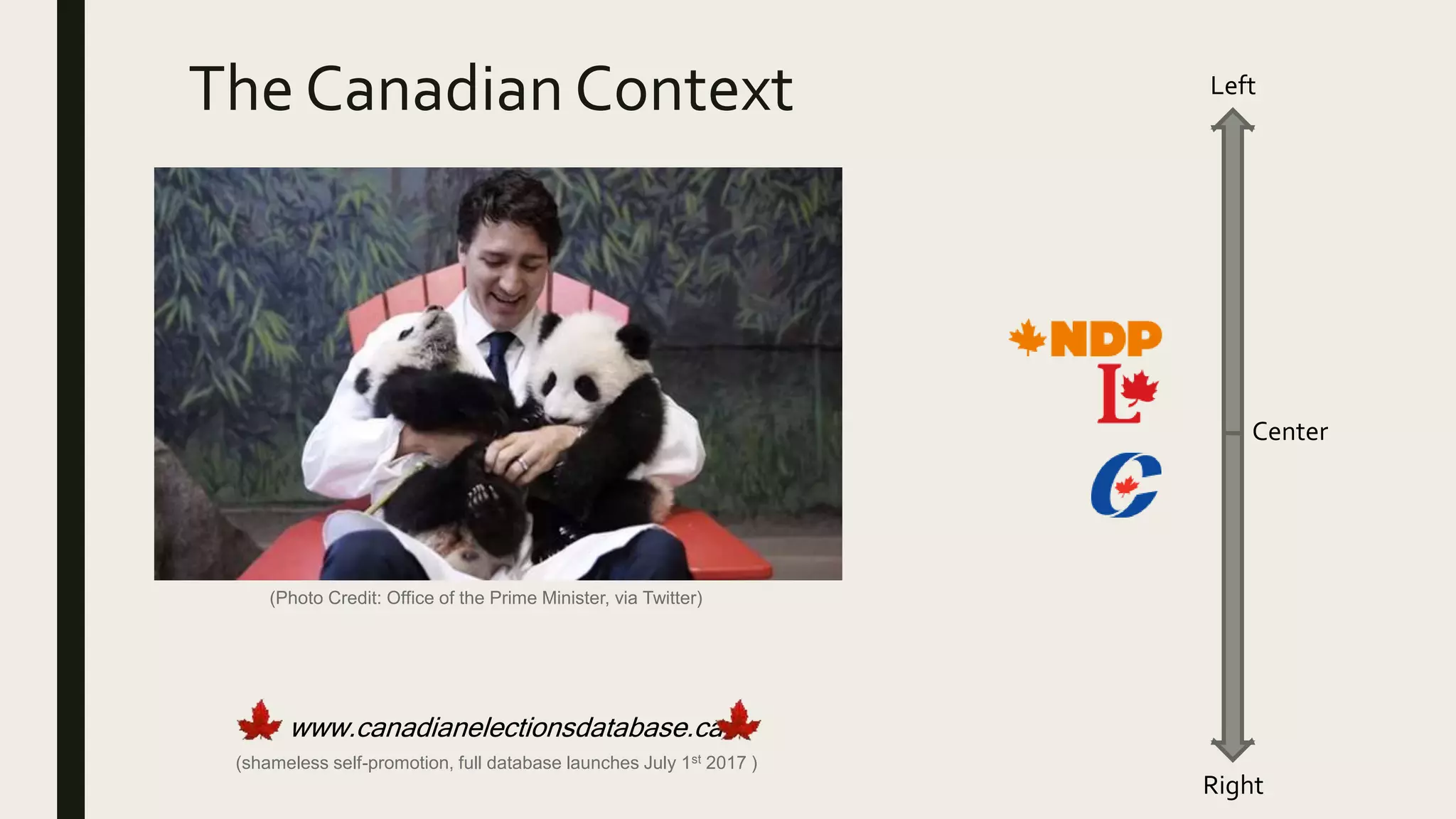 The Canadian Context Left
Right
Center
(Photo Credit: Office of the Prime Minister, via Twitter)
www.canadianelectionsdatabase.ca
(shameless self-promotion, full database launches July 1st 2017 )
 