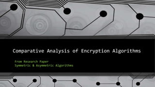 Comparative Analysis of Encryption Algorithms
From Research Paper
Symmetric & Asymmetric Algorithms
 