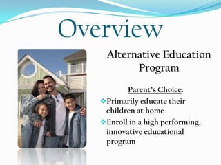 OverviewAlternative Education Program  Parent’s Choice:Primarily educate their   children at home 
