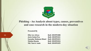 Phishing - An Analysis about types, causes, preventives
and case research in the modern-day situation
Presented By
Iffat Ara Afrose Roll: 2054991008
Jarin Sobah Peu Roll: 2054991011
Sazzadur Rahman Himel Roll: 2054991031
Maisha Hasnin Roll: 2054991034
Md. Tanvir Amin Roll: 2054991035
01
 