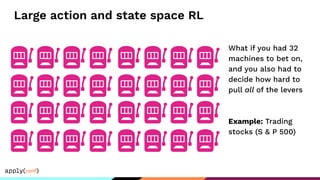 Large action and state space RL
What if you had 32
machines to bet on,
and you also had to
decide how hard to
pull all of the levers
Example: Trading
stocks (S & P 500)
 