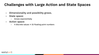 Challenges with Large Action and State Spaces
- Dimensionality and possibility grows.
- State space:
- Grows exponentially
- Action space:
- 4 discrete values → 32 ﬂoating point numbers
 