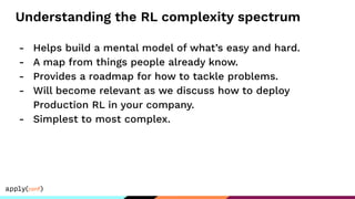 Understanding the RL complexity spectrum
- Helps build a mental model of what’s easy and hard.
- A map from things people already know.
- Provides a roadmap for how to tackle problems.
- Will become relevant as we discuss how to deploy
Production RL in your company.
- Simplest to most complex.
 