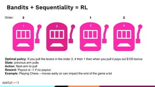 Bandits + Sequentiality = RL
Optimal policy: If you pull the levers in the order 3, 4 then 1 then when you pull it pays out $100 bonus
State: previous arm pulls
Action: Next arm to pull
Reward: Payout or -1 if no payout.
Example: Playing Chess – moves early on can impact the end of the game a lot
2
1 2
3
3 4
4
3
1
1
Order:
 