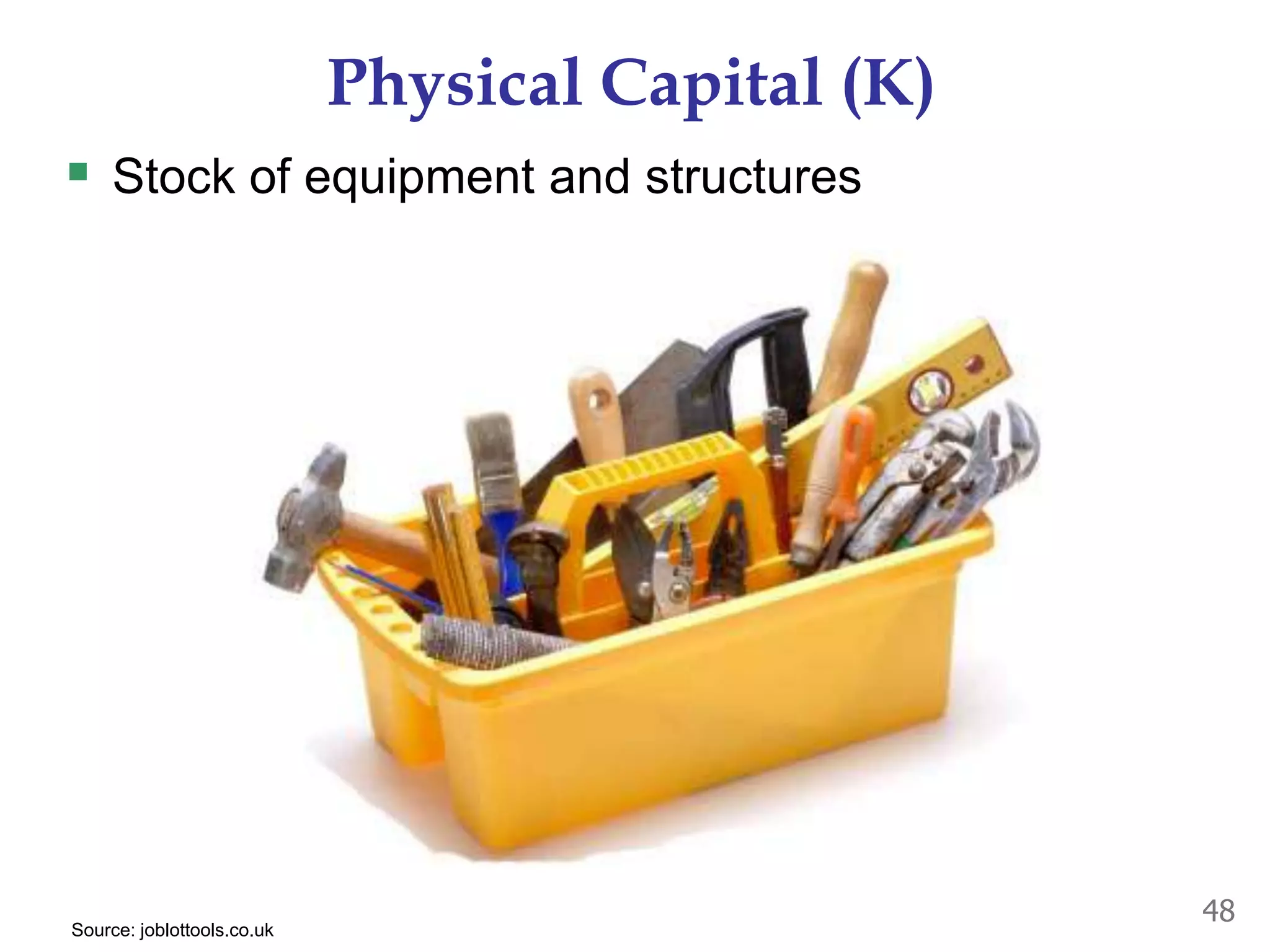 Physical Capital (K)
 Stock of equipment and structures
48Source: joblottools.co.uk
 